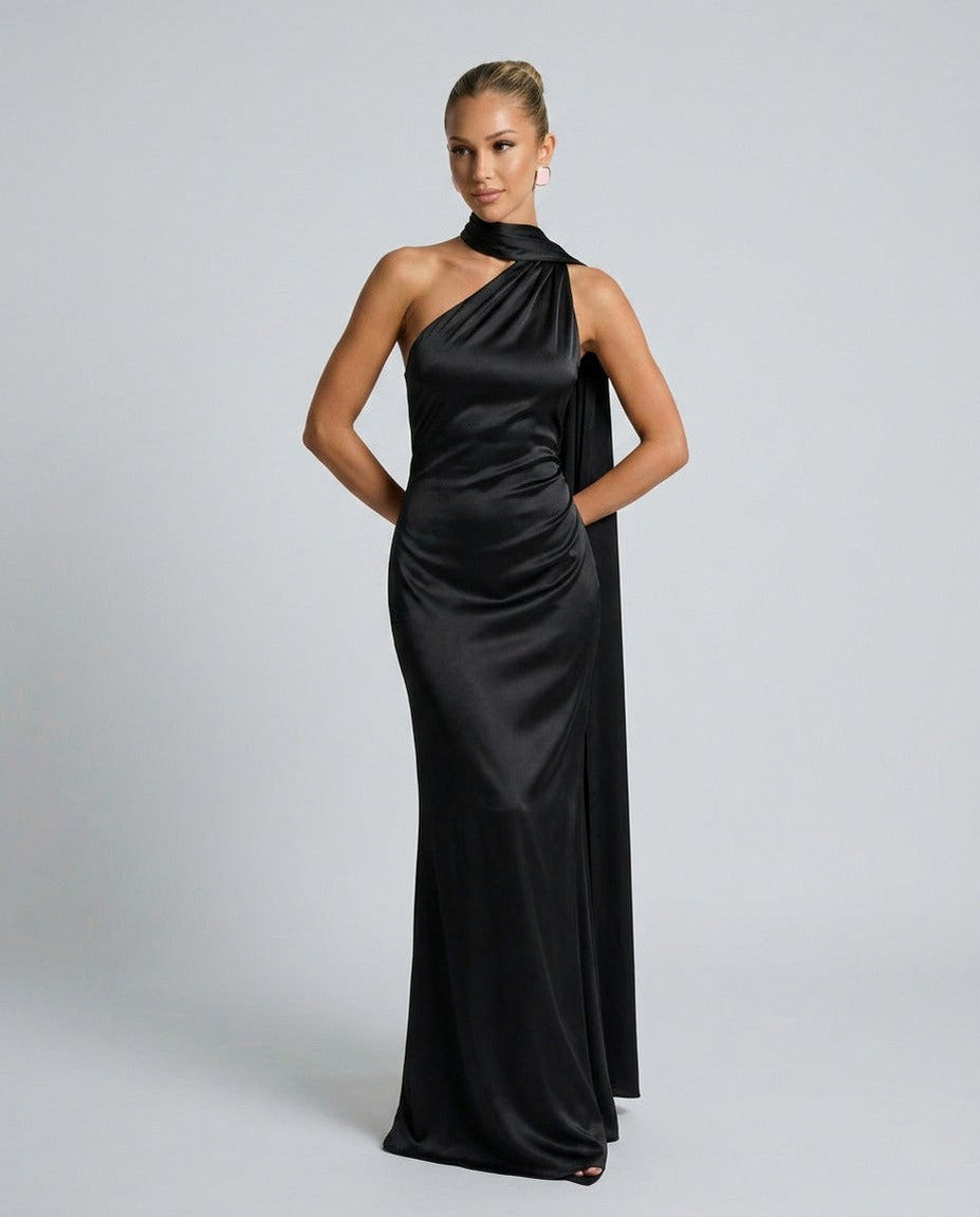 Satin One Shoulder High Neck Scarf Maxi Dress