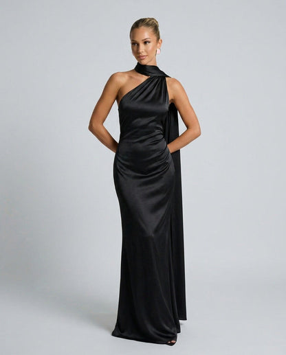Satin One Shoulder High Neck Scarf Maxi Dress