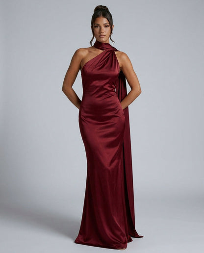 Satin One Shoulder High Neck Scarf Maxi Dress