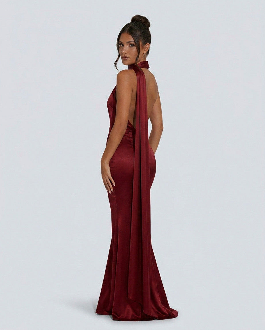 Satin One Shoulder High Neck Scarf Maxi Dress