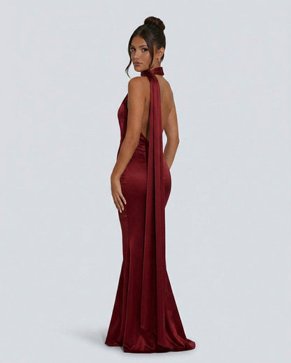 Satin One Shoulder High Neck Scarf Maxi Dress
