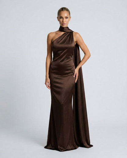 Satin One Shoulder High Neck Scarf Maxi Dress