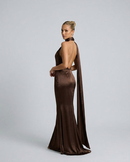 Satin One Shoulder High Neck Scarf Maxi Dress