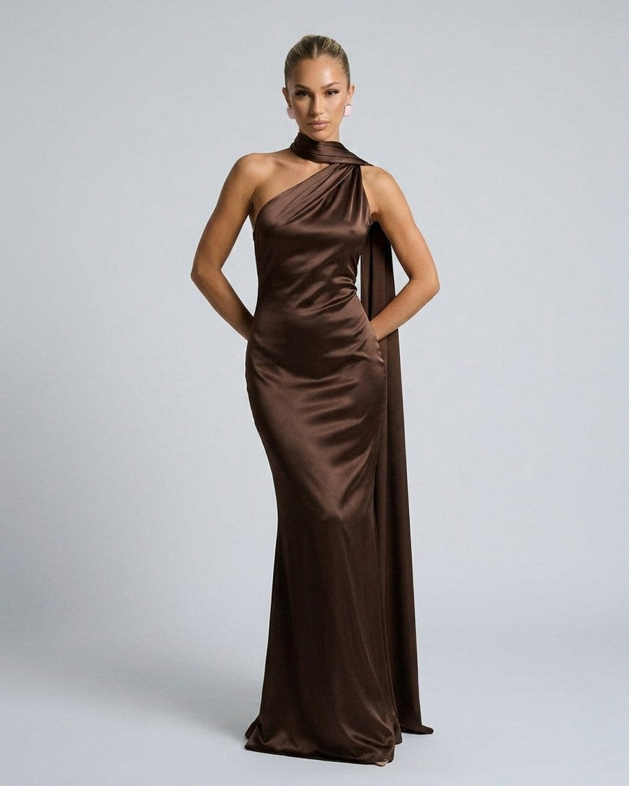 Satin One Shoulder High Neck Scarf Maxi Dress