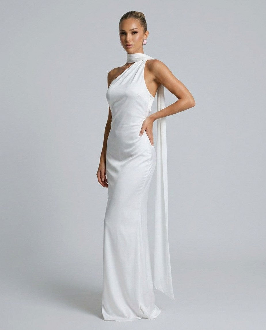 Satin One Shoulder High Neck Scarf Maxi Dress