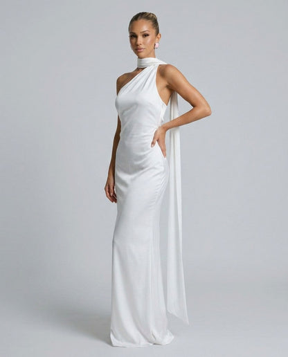 Satin One Shoulder High Neck Scarf Maxi Dress