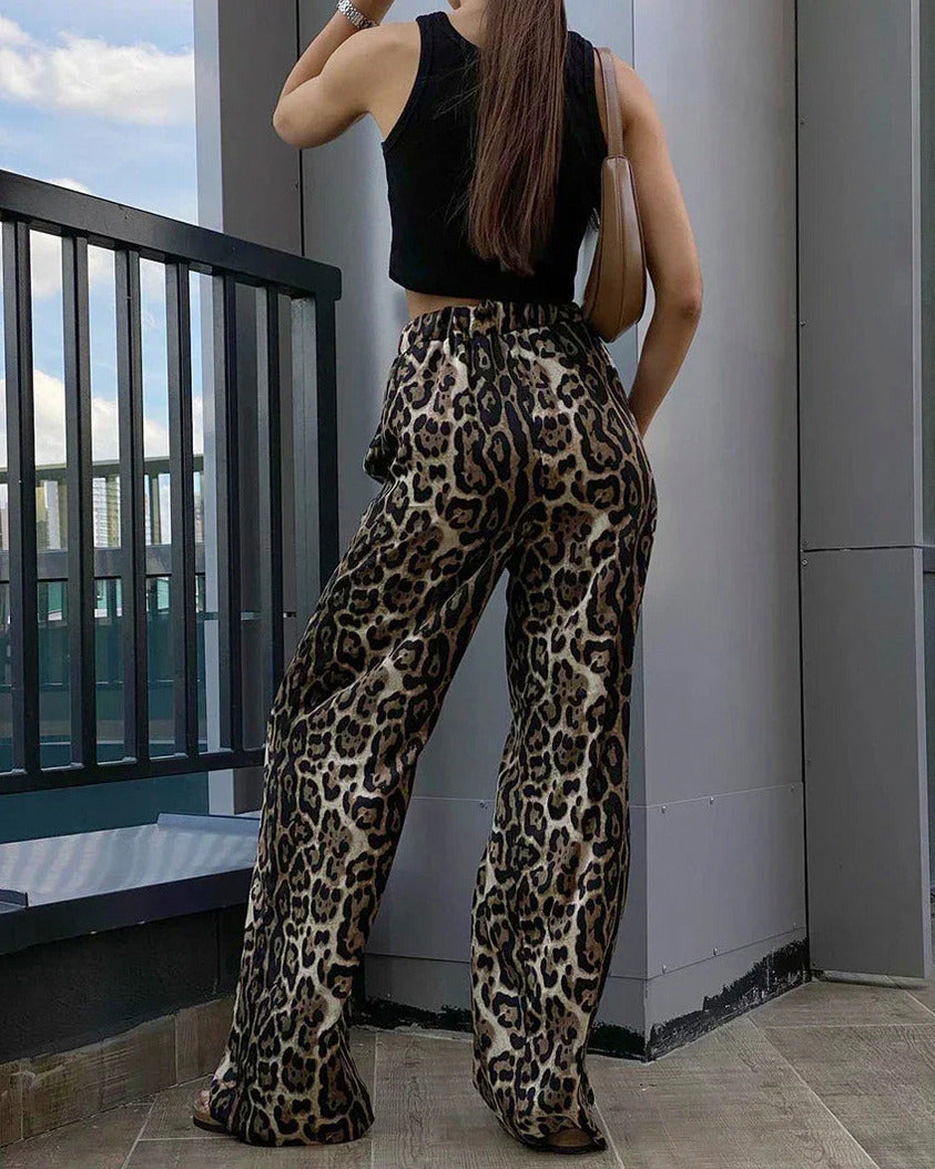 Leopard Print High Waist Wide Leg Trousers