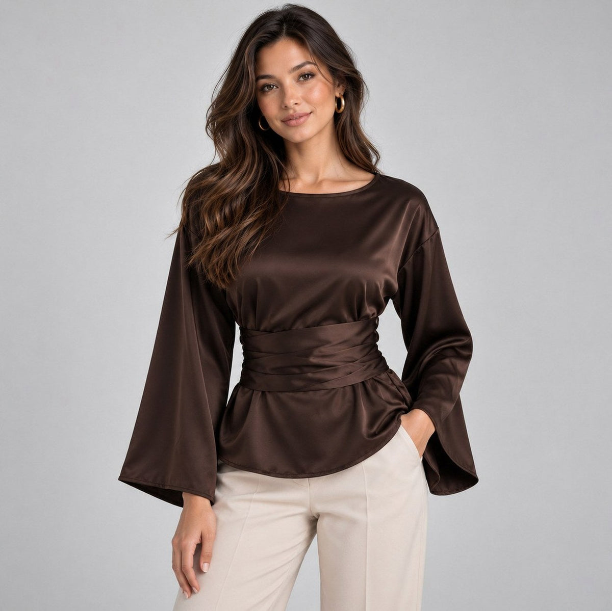 Satin Long Sleeve Peplum Blouse