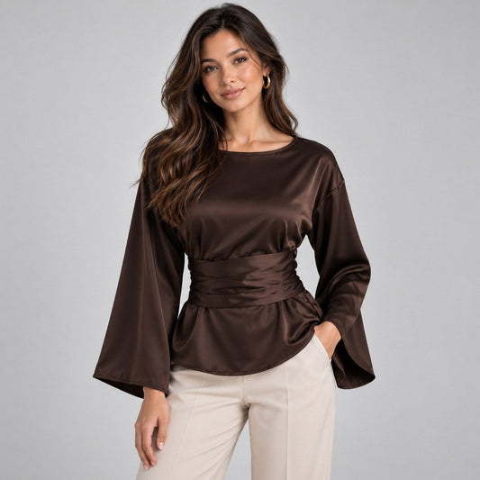 Satin Long Sleeve Peplum Blouse