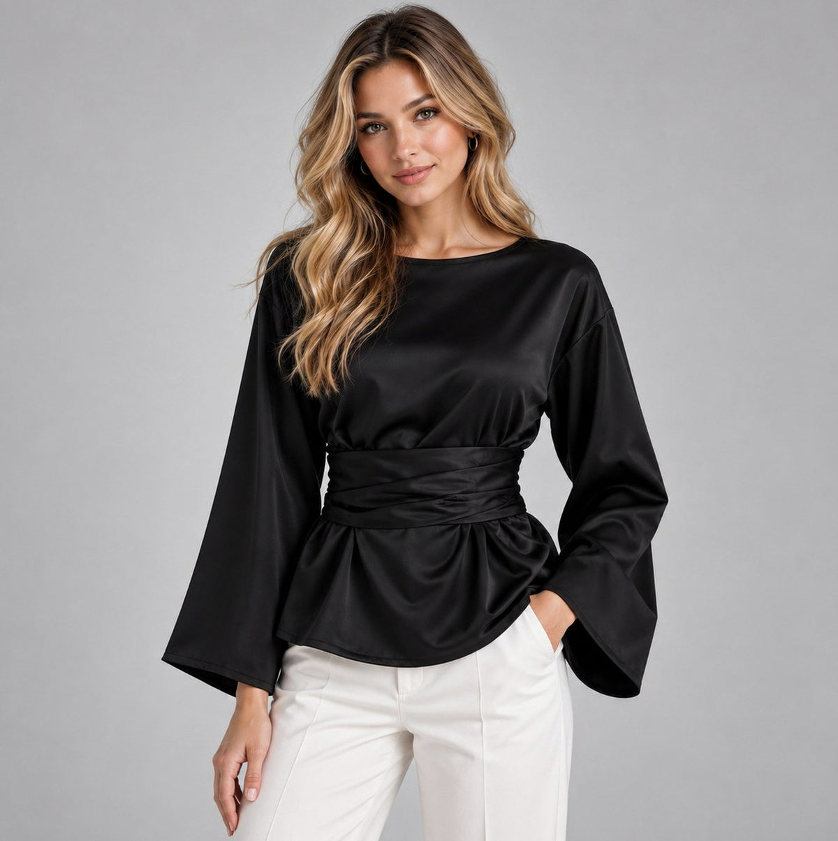 Satin Long Sleeve Peplum Blouse