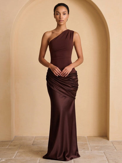 Satin One Shoulder Draped Maxi Dress