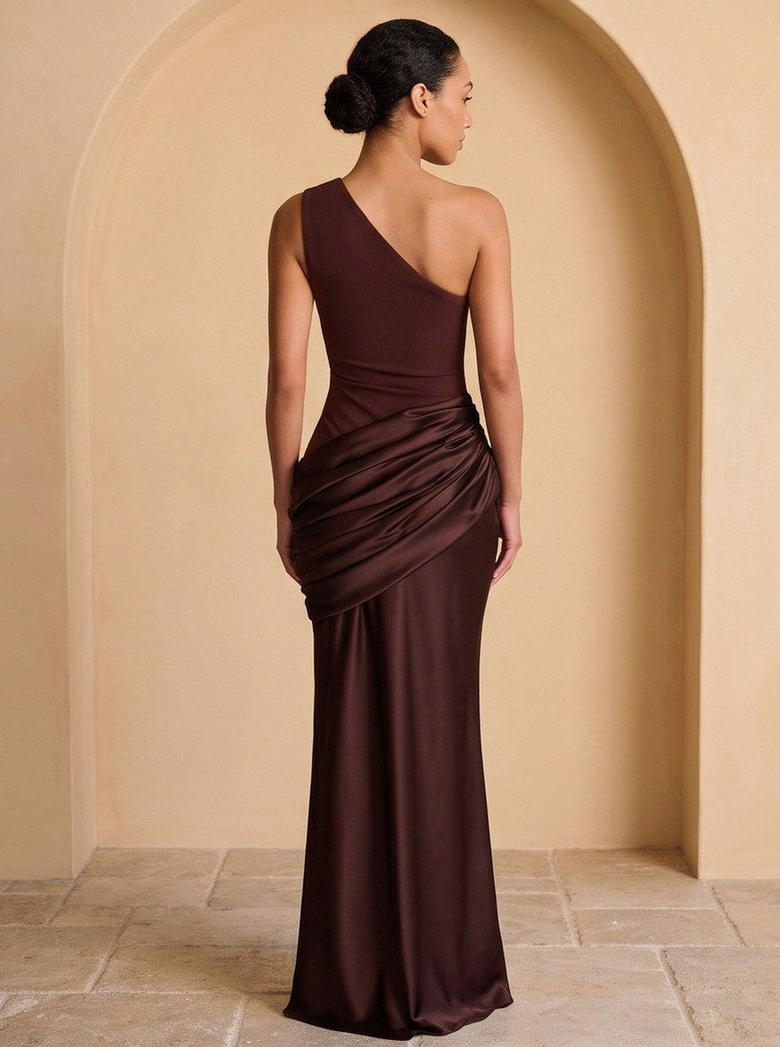 Satin One Shoulder Draped Maxi Dress