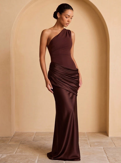 Satin One Shoulder Draped Maxi Dress