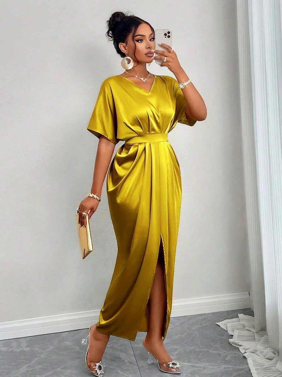 Satin Short Sleeve Maxi Dress