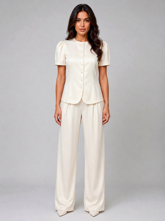 Satin Short Sleeve Top and Trousers Co Ord Set
