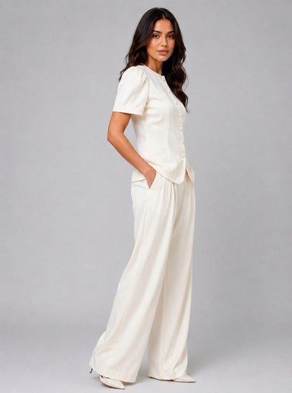 Satin Short Sleeve Top and Trousers Co Ord Set