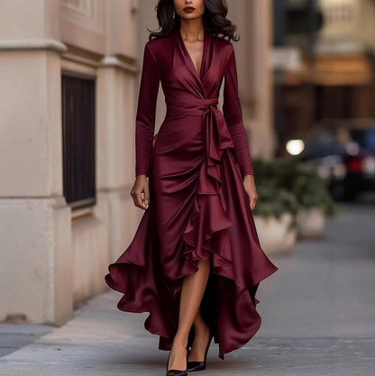 Satin Wrap Long Sleeve Ruffle Maxi Dress