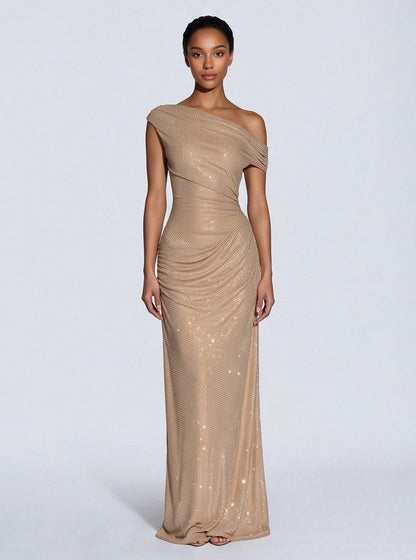 Sequin Asymmetric Ruched Maxi Dress