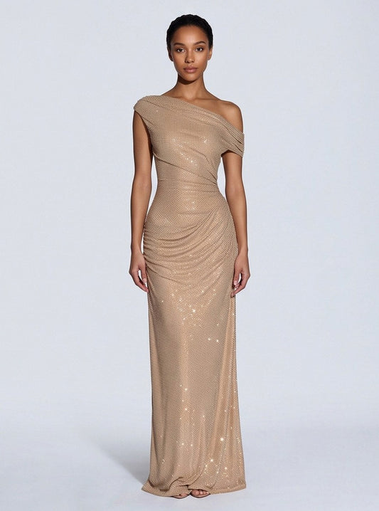 Sequin Asymmetric Ruched Maxi Dress