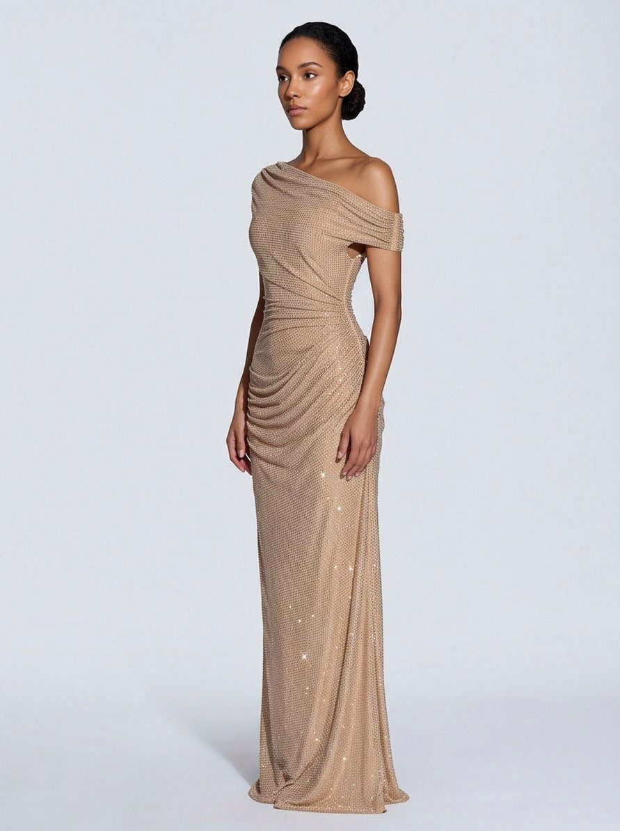 Sequin Asymmetric Ruched Maxi Dress