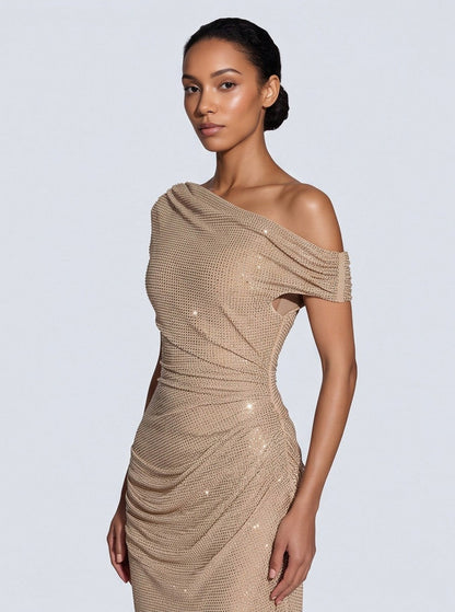 Sequin Asymmetric Ruched Maxi Dress