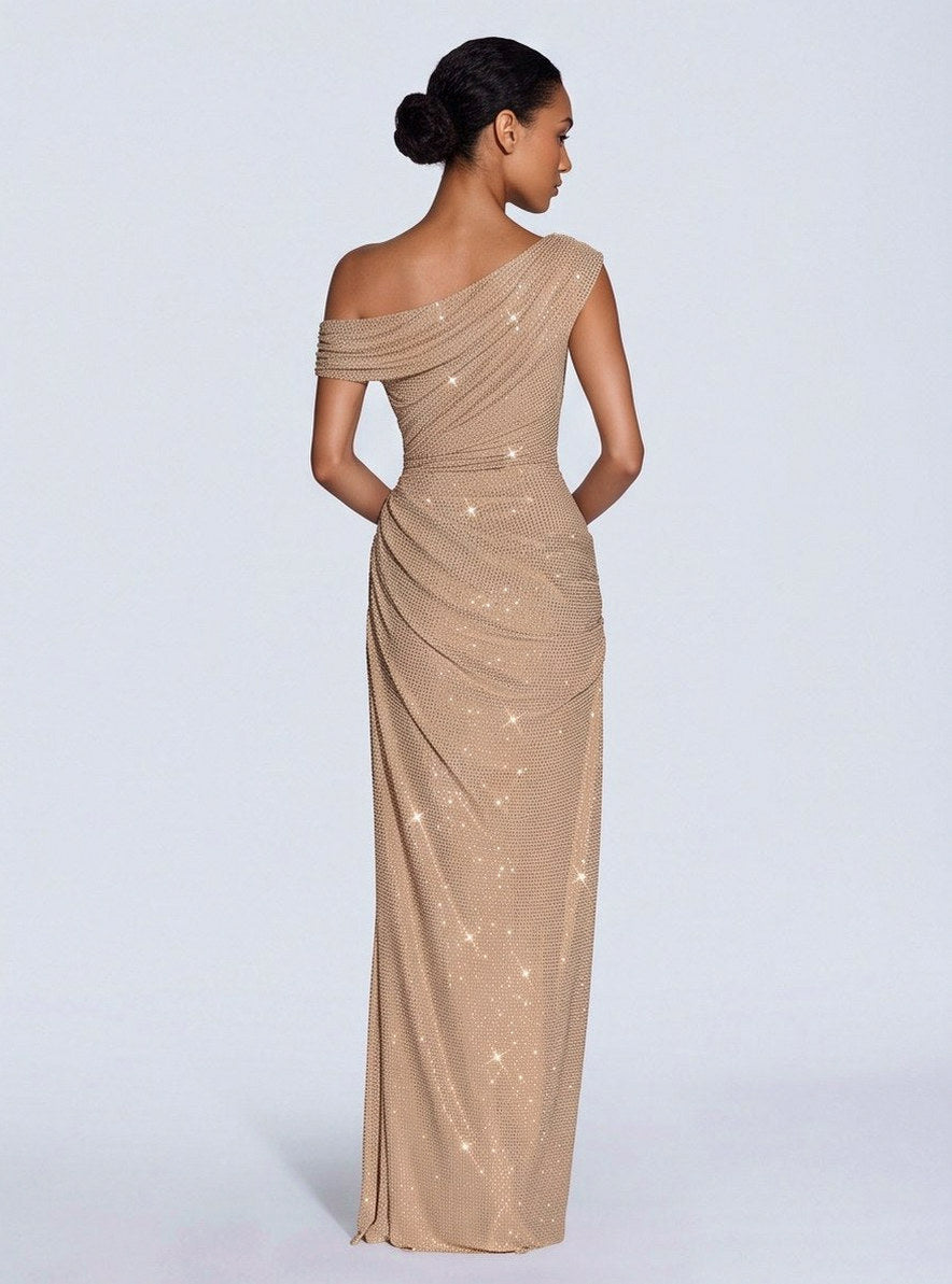 Sequin Asymmetric Ruched Maxi Dress