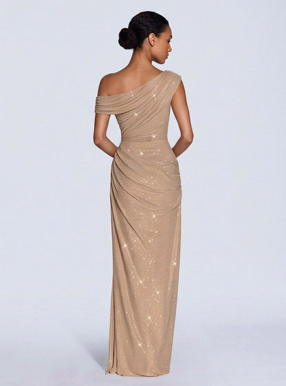 Sequin Asymmetric Ruched Maxi Dress