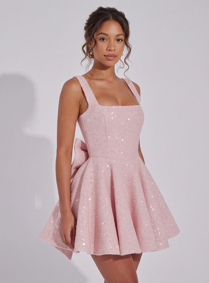 Sequin Babydoll Back Bow Mini Dress