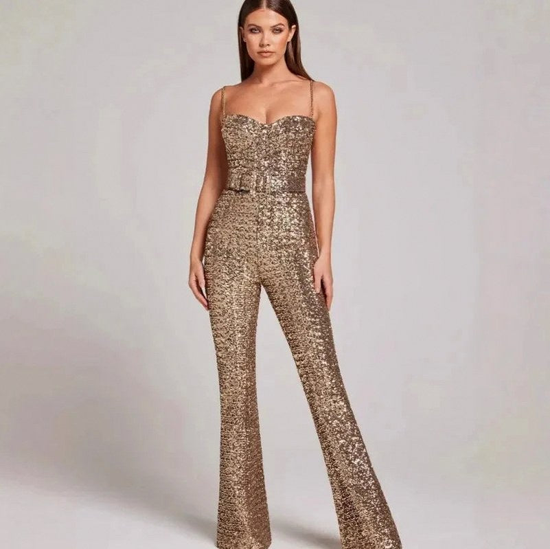 Sequin Corset Belted Flared Leg Jumpsuit