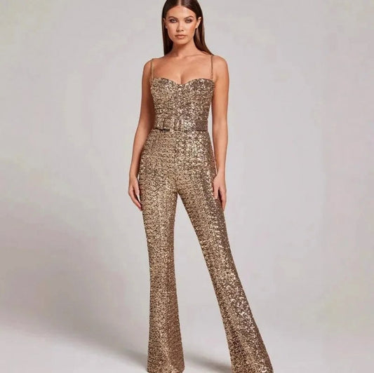 Sequin Corset Belted Flared Leg Jumpsuit