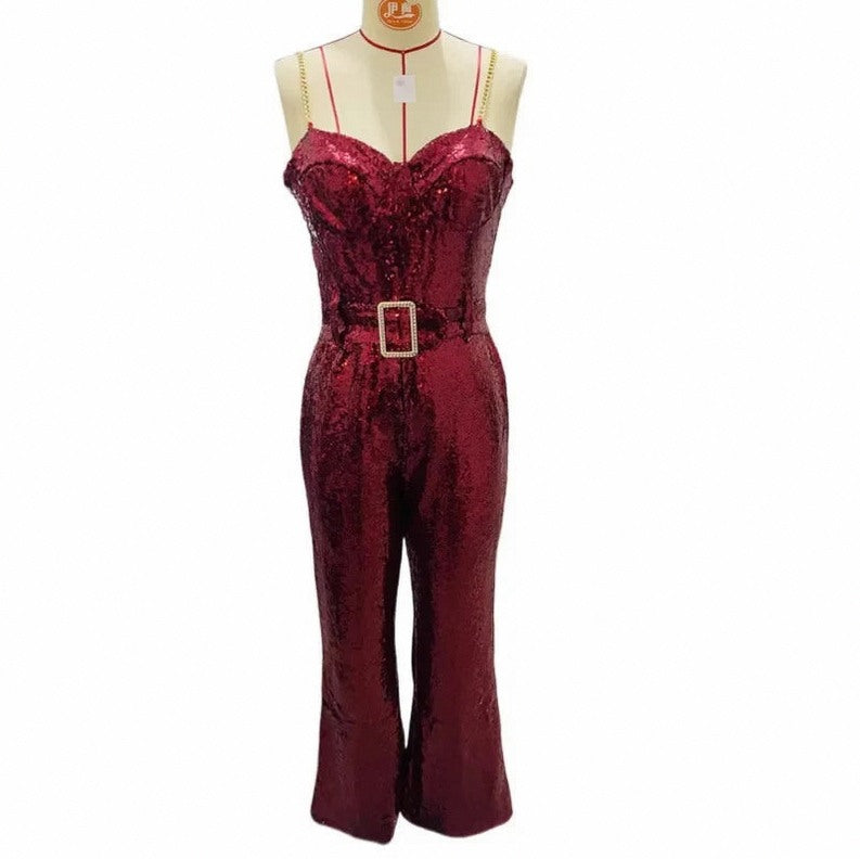 Sequin Corset Belted Flared Leg Jumpsuit