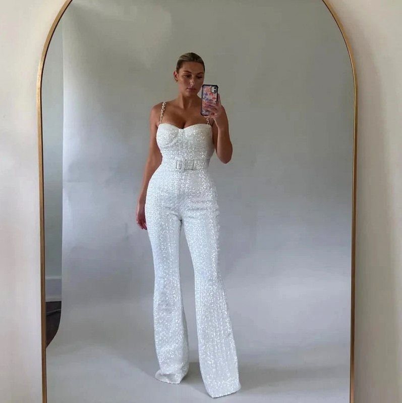 Sequin Corset Belted Flared Leg Jumpsuit