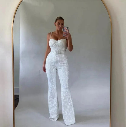 Sequin Corset Belted Flared Leg Jumpsuit