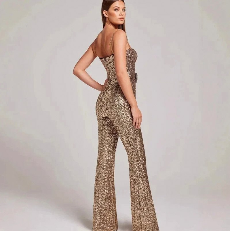 Sequin Corset Belted Flared Leg Jumpsuit