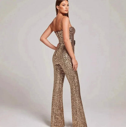 Sequin Corset Belted Flared Leg Jumpsuit