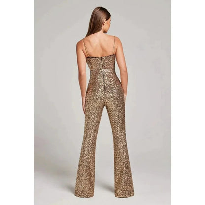 Sequin Corset Belted Flared Leg Jumpsuit