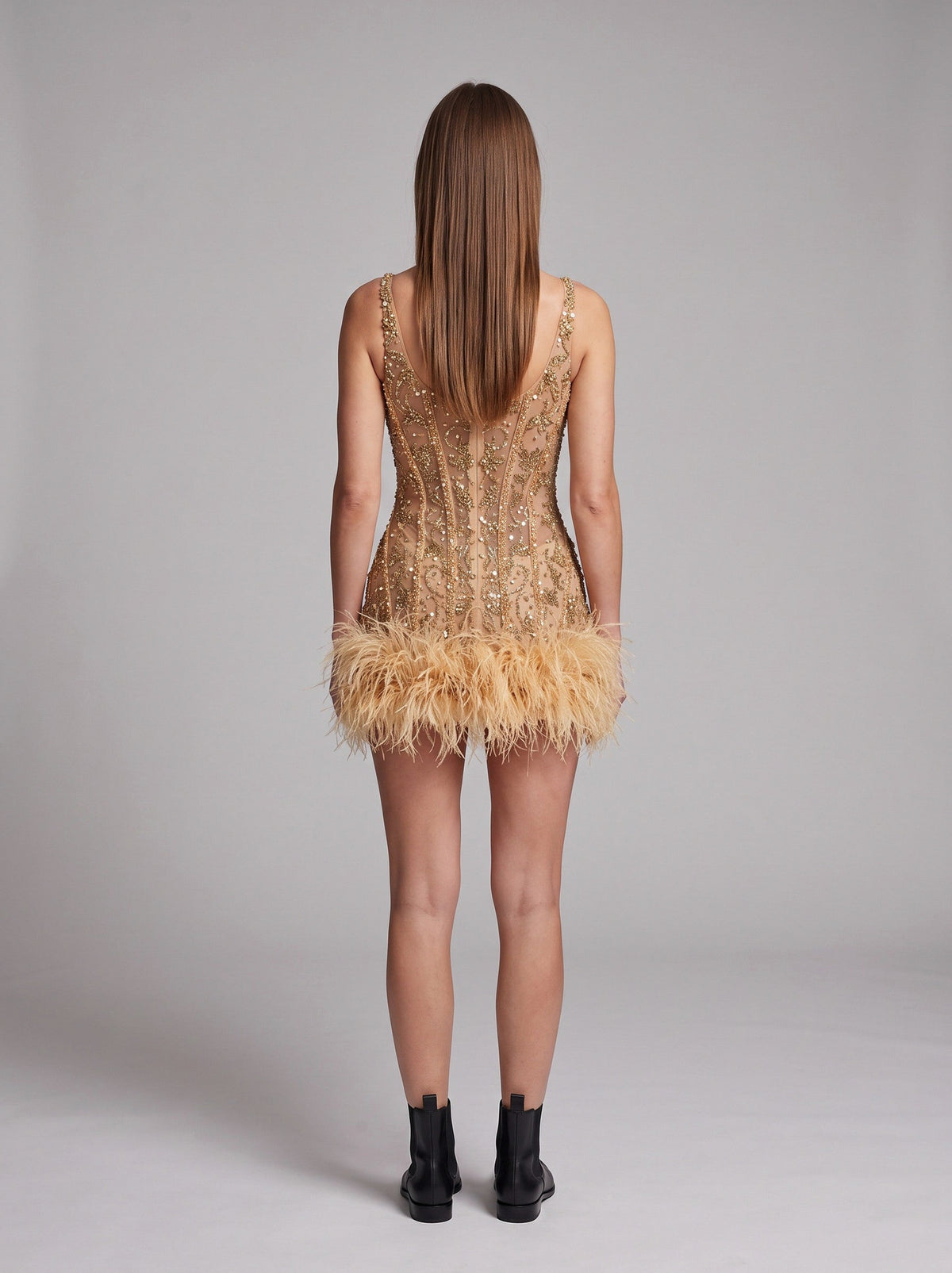 Sequin Corset Feather Hem Mini Dress