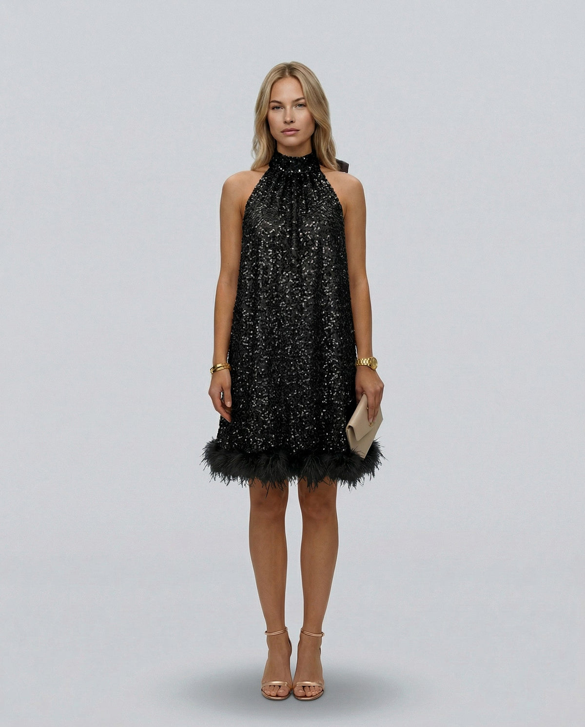 Sequin Halter Feather Hem Mini Dress
