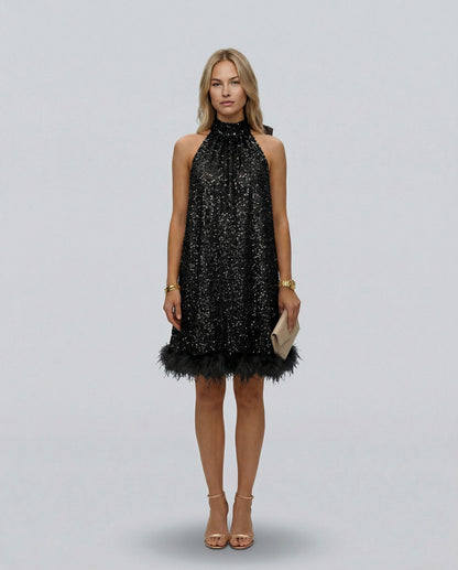 Sequin Halter Feather Hem Mini Dress