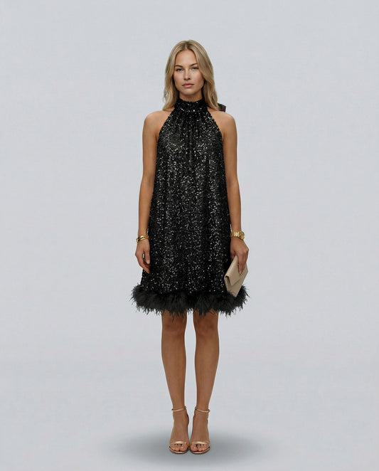 Sequin Halter Feather Hem Mini Dress