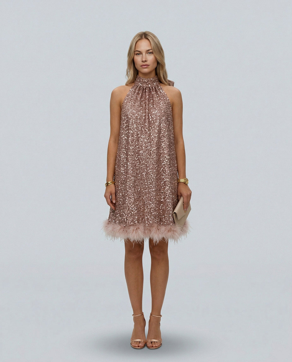 Sequin Halter Feather Hem Mini Dress