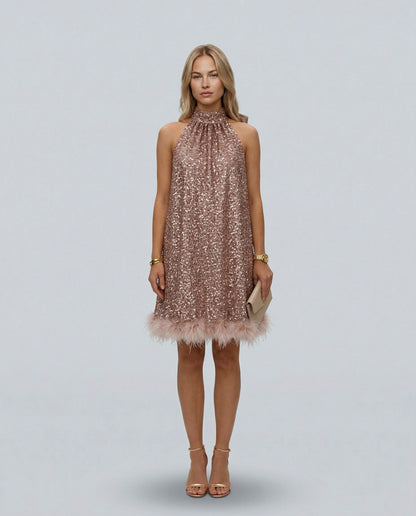 Sequin Halter Feather Hem Mini Dress