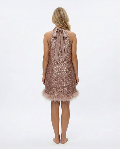 Sequin Halter Feather Hem Mini Dress