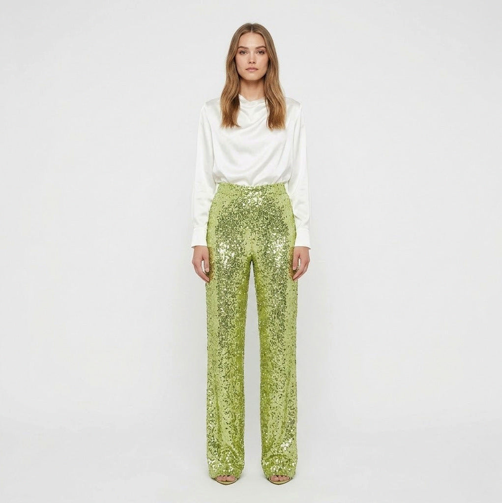 Sequin High Waist Straight Leg Trousers