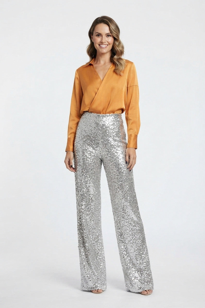 Sequin High Waist Straight Leg Trousers