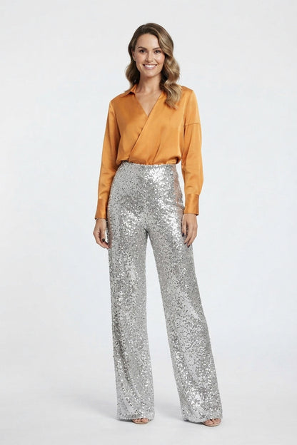 Sequin High Waist Straight Leg Trousers