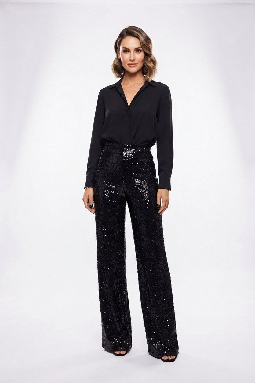 Sequin High Waist Straight Leg Trousers