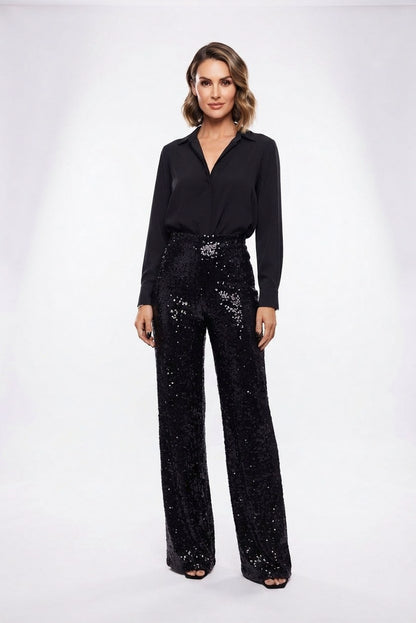 Sequin High Waist Straight Leg Trousers