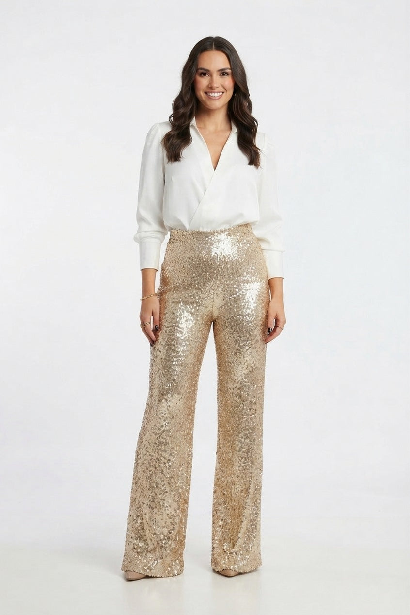Sequin High Waist Straight Leg Trousers