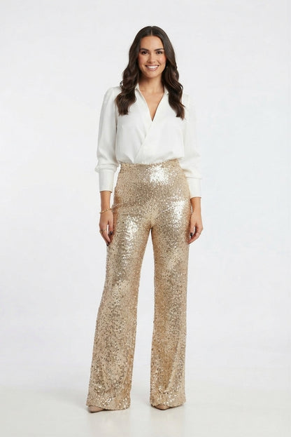 Sequin High Waist Straight Leg Trousers